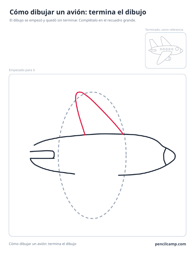 Ficha para terminar el dibujo: el dibujo de un avión parado en la fase 3 de 8 en un recuadro grande, con la versión terminada en pequeño arriba a la derecha