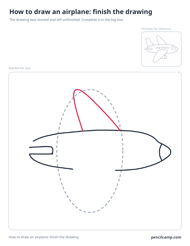 Finish the drawing worksheet: an airplane stopped at stage 3 of 8 in a large box, the finished version small in the top right corner