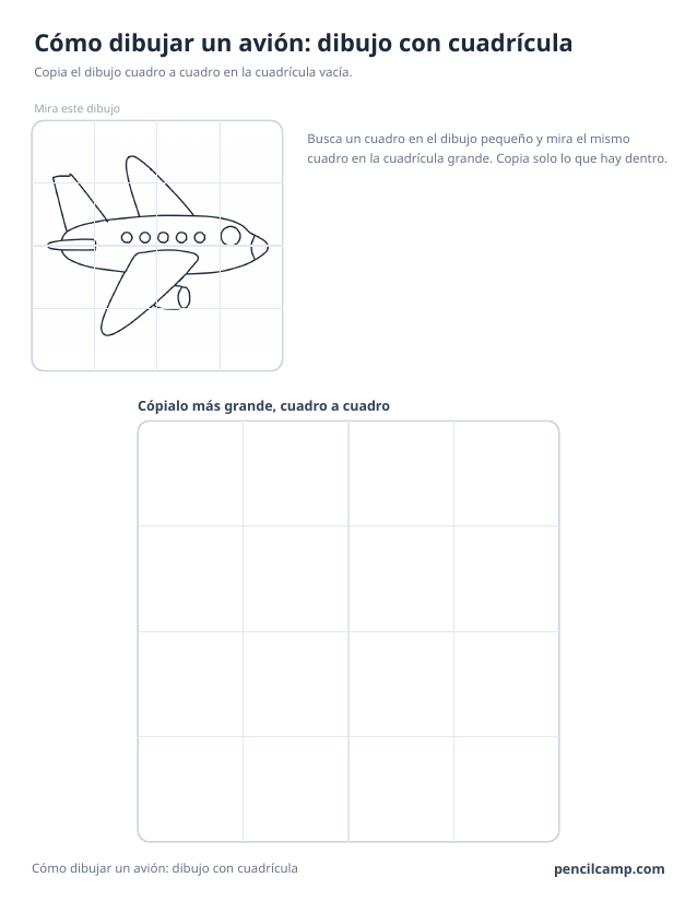 Ficha de cuadrícula: el dibujo de un avión bajo una cuadrícula de 4 por 4, en 13 de los 16 cuadros, y debajo una cuadrícula grande vacía