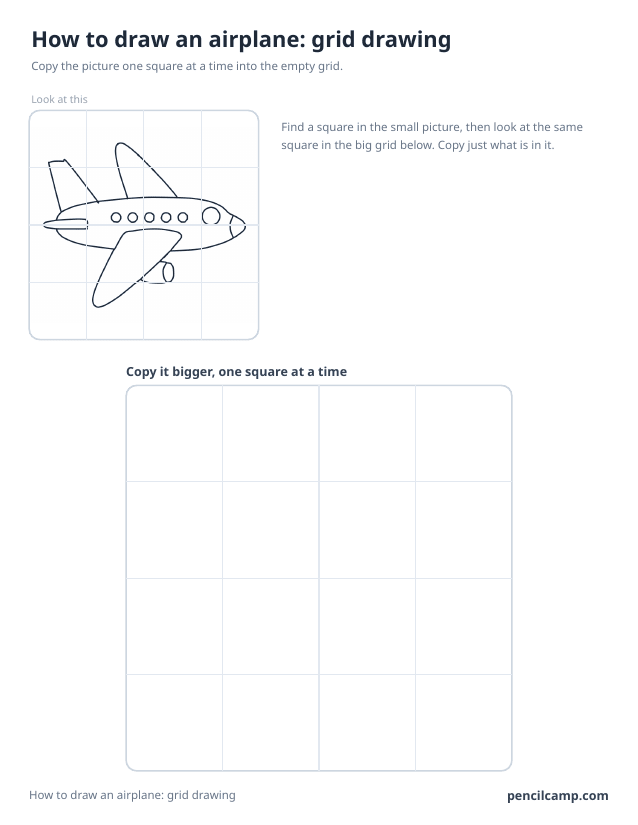 Grid drawing worksheet: an airplane under a 4 by 4 grid, touching 13 of the 16 squares, above a larger empty grid
