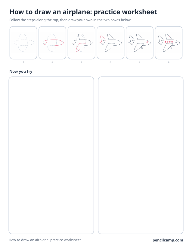 How to draw worksheet for an airplane: six of its eight stages along the top, then two empty boxes to draw it in