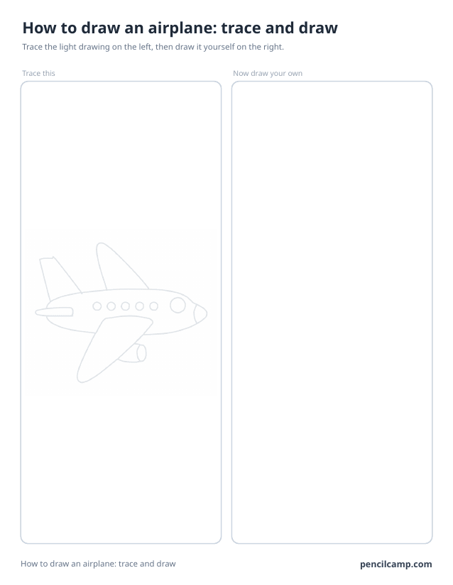 Trace and draw sheet: an airplane printed in faint grey on the left, an empty box of the same size on the right