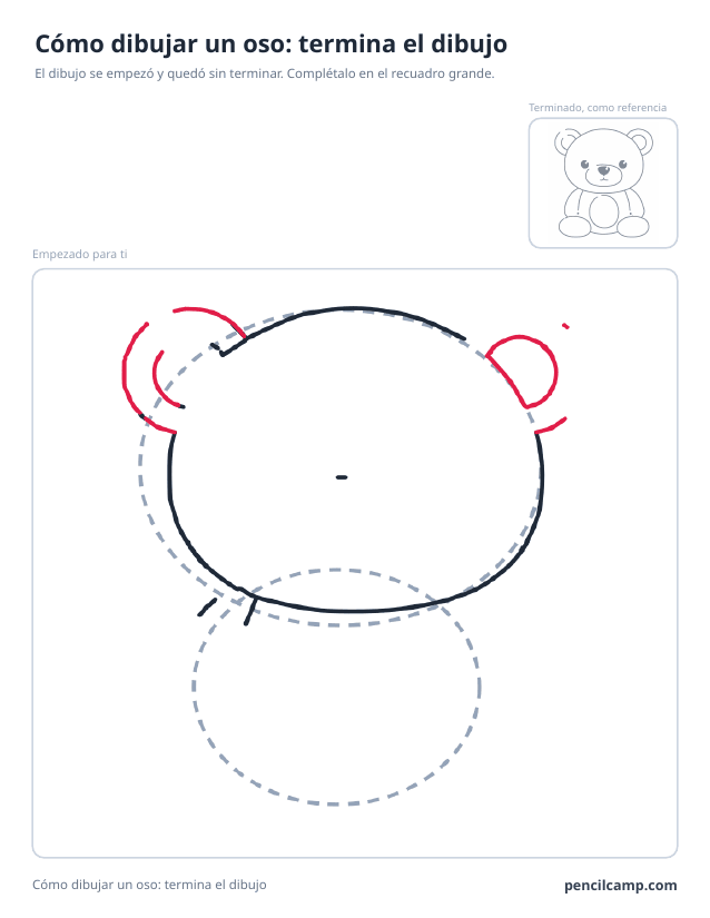 Ficha para terminar el dibujo: el dibujo de un osito parado en la fase 3 de 9 en un recuadro grande, con la versión terminada en pequeño arriba a la derecha