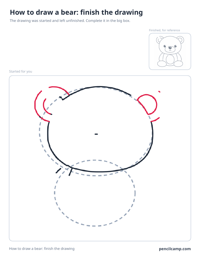 Finish the drawing worksheet: a teddy bear stopped at stage 3 of 9 in a large box, the finished version small in the top right corner