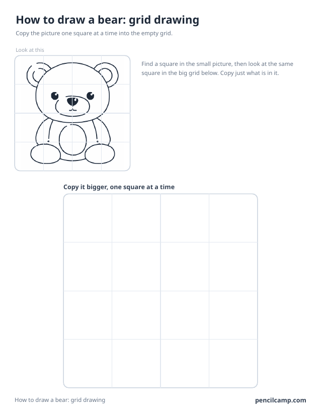 Grid drawing worksheet: a teddy bear under a 4 by 4 grid, touching 16 of the 16 squares, above a larger empty grid