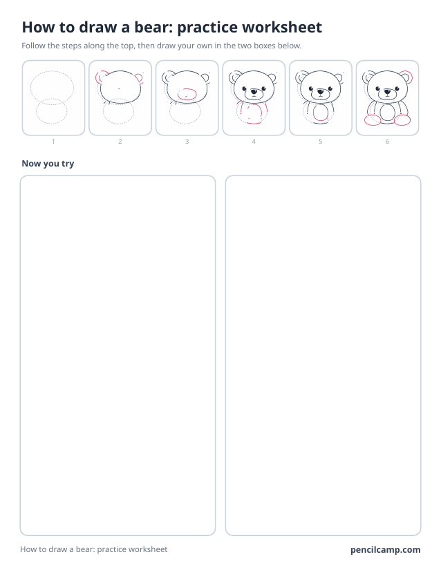 How to draw worksheet for a teddy bear: six of its nine stages along the top, then two empty boxes to draw it in