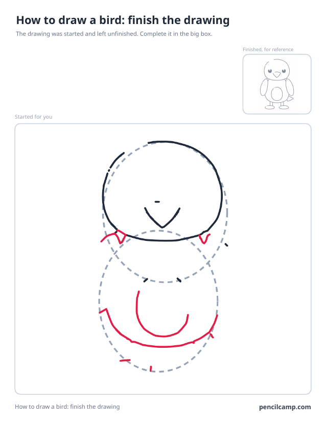 Finish the drawing worksheet: a bird stopped at stage 3 of 9 in a large box, the finished version small in the top right corner