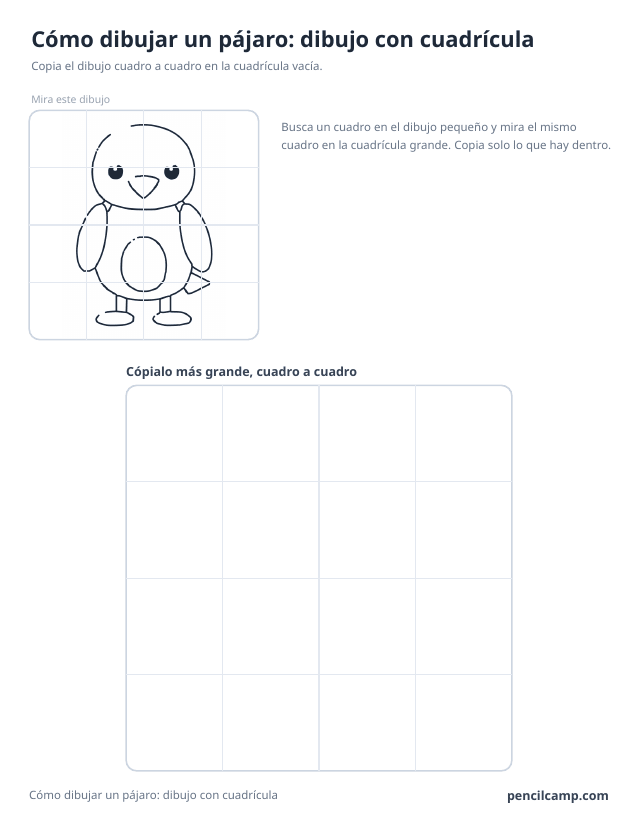 Ficha de cuadrícula: el dibujo de un pájaro bajo una cuadrícula de 4 por 4, en 13 de los 16 cuadros, y debajo una cuadrícula grande vacía