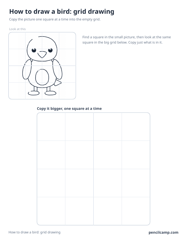 Grid drawing worksheet: a bird under a 4 by 4 grid, touching 13 of the 16 squares, above a larger empty grid