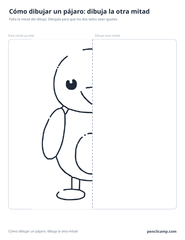 Ficha de simetría: la mitad izquierda del dibujo de un pájaro junto a una línea de espejo discontinua y la mitad derecha en blanco