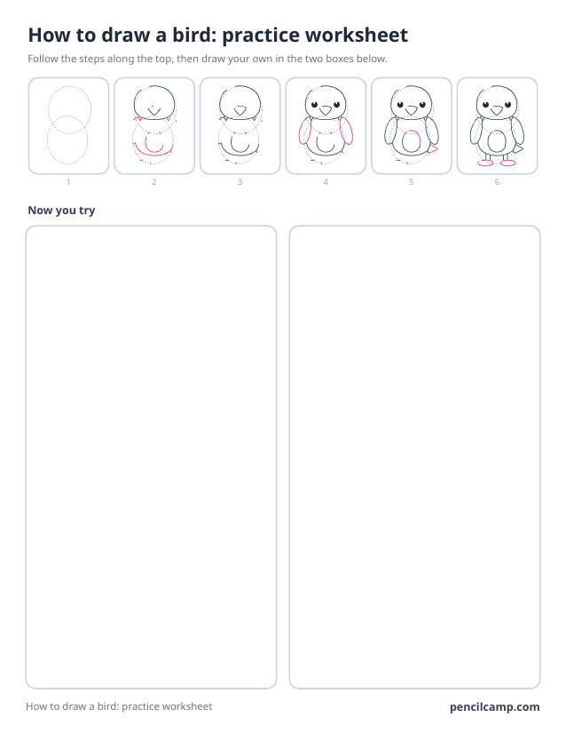 How to draw worksheet for a bird: six of its nine stages along the top, then two empty boxes to draw it in