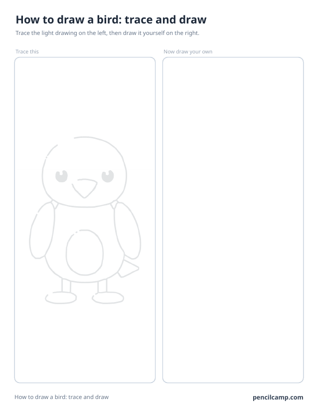 Trace and draw sheet: a bird printed in faint grey on the left, an empty box of the same size on the right