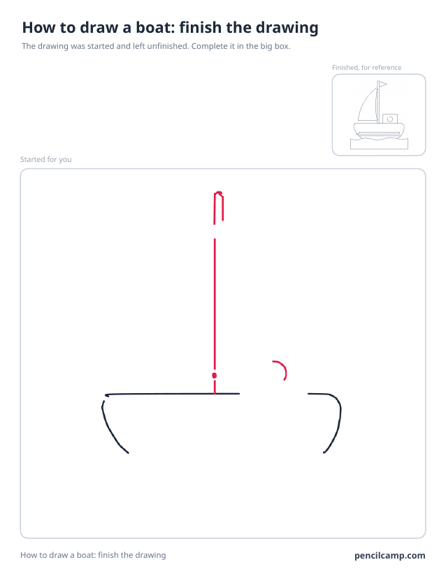 Finish the drawing worksheet: a sailboat stopped at stage 3 of 8 in a large box, the finished version small in the top right corner
