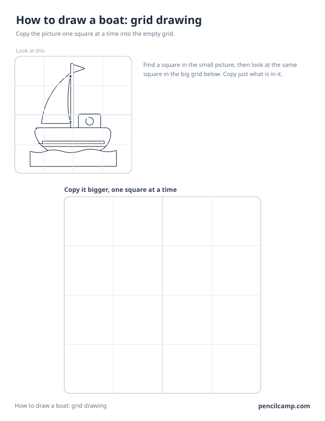 Grid drawing worksheet: a sailboat under a 4 by 4 grid, touching 13 of the 16 squares, above a larger empty grid