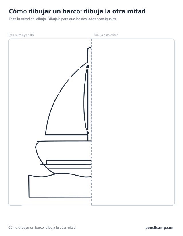 Ficha de simetría: la mitad izquierda del dibujo de un velero junto a una línea de espejo discontinua y la mitad derecha en blanco