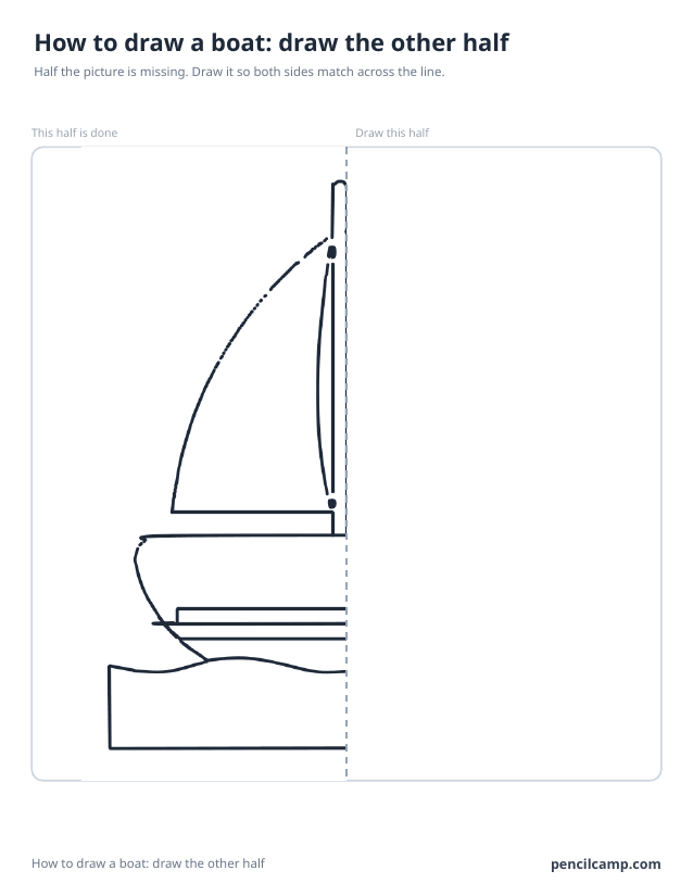 Symmetry worksheet: the left half of a sailboat beside a dashed mirror line, the right half left blank