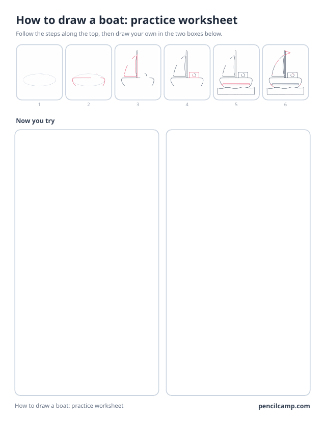 How to draw worksheet for a sailboat: six of its eight stages along the top, then two empty boxes to draw it in