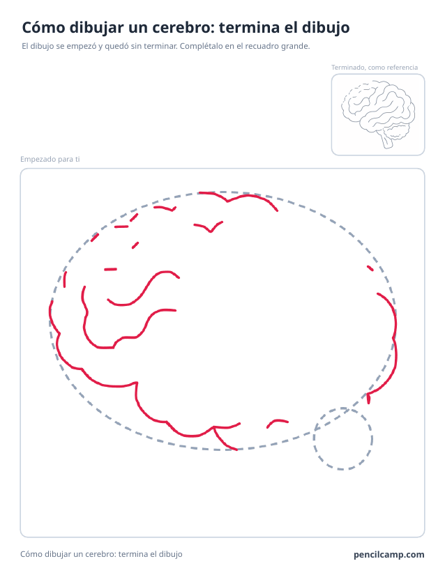 Ficha para terminar el dibujo: el dibujo de un cerebro parado en la fase 2 de 6 en un recuadro grande, con la versión terminada en pequeño arriba a la derecha