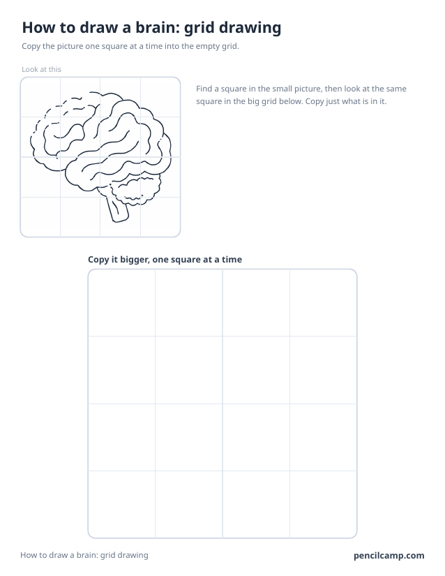 Grid drawing worksheet: a brain under a 4 by 4 grid, touching 14 of the 16 squares, above a larger empty grid