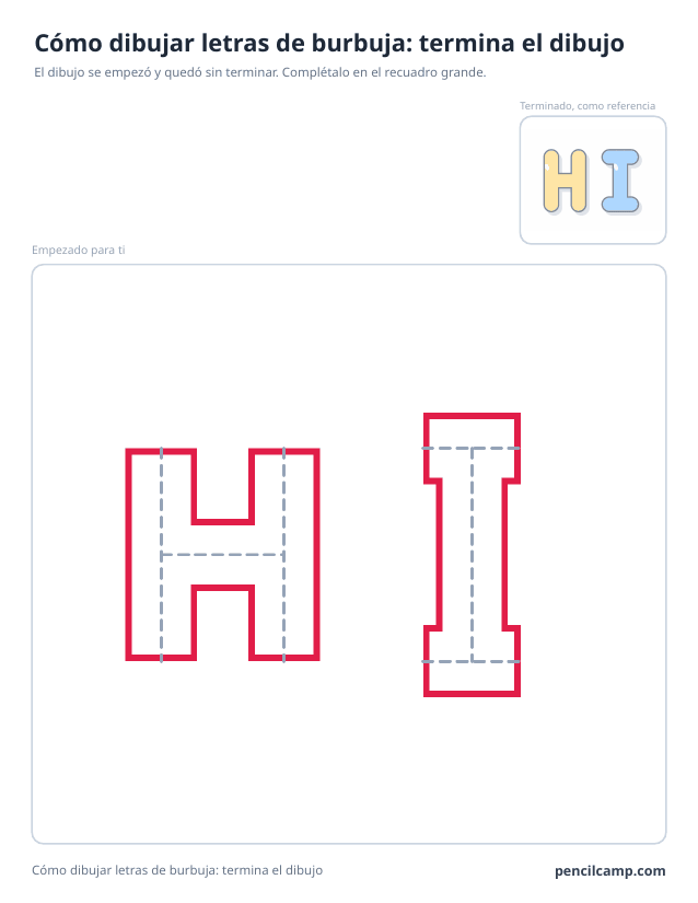 Ficha para terminar el dibujo: el dibujo de la palabra HI en letras de burbuja parado en la fase 2 de 6 en un recuadro grande, con la versión terminada en pequeño arriba a la derecha