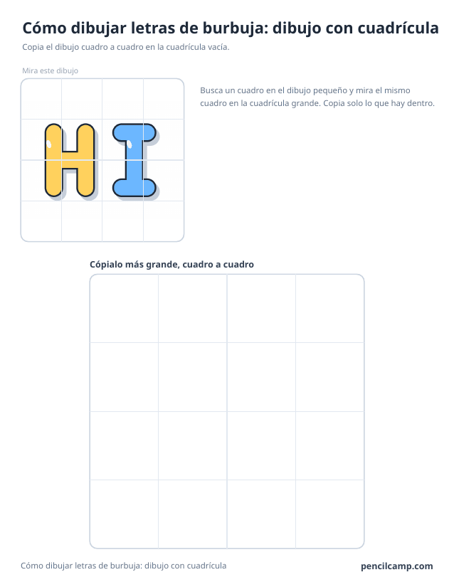 Ficha de cuadrícula: el dibujo de la palabra HI en letras de burbuja bajo una cuadrícula de 4 por 4, en 8 de los 16 cuadros, y debajo una cuadrícula grande vacía