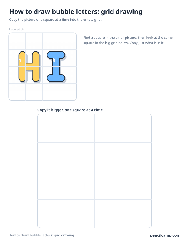 Grid drawing worksheet: the word HI in bubble letters under a 4 by 4 grid, touching 8 of the 16 squares, above a larger empty grid