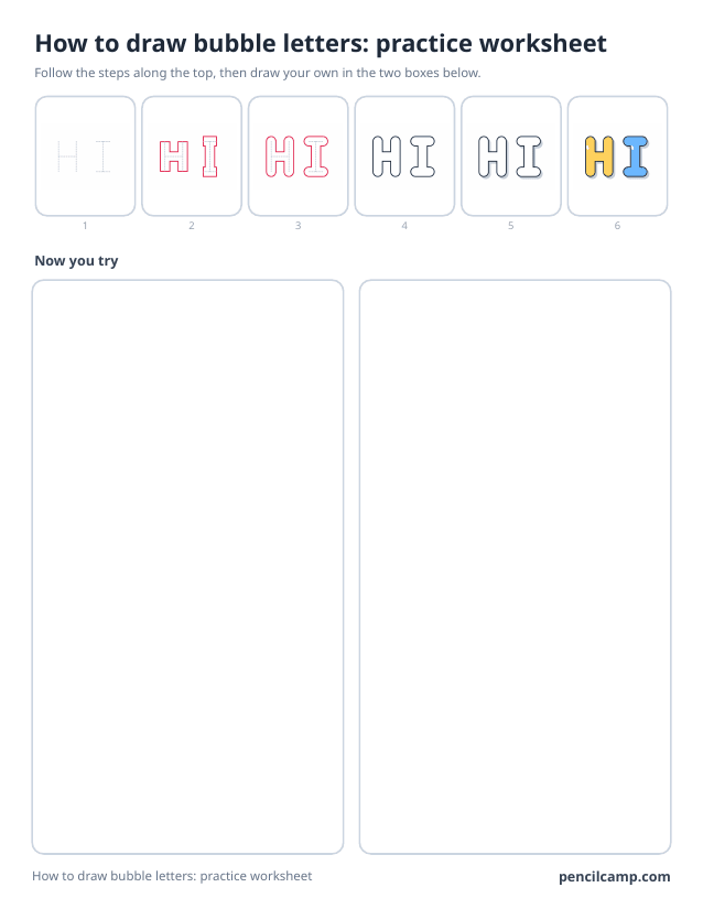 How to draw worksheet for the word HI in bubble letters: all six stages along the top, then two empty boxes to draw it in