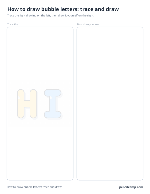 Trace and draw sheet: the word HI in bubble letters printed in faint grey on the left, an empty box of the same size on the right