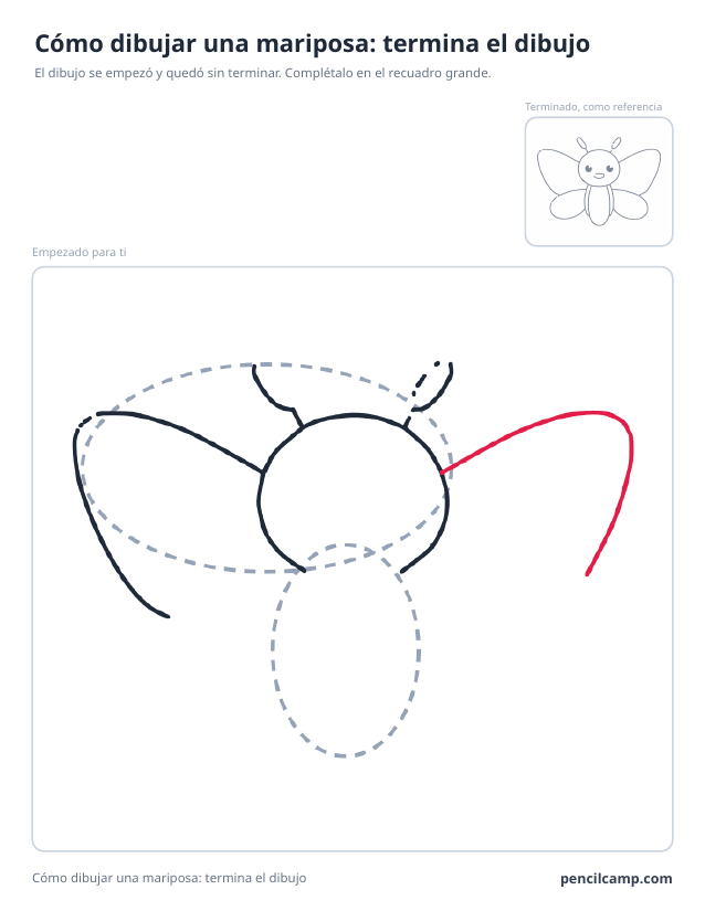 Ficha para terminar el dibujo: el dibujo de una mariposa parado en la fase 4 de 10 en un recuadro grande, con la versión terminada en pequeño arriba a la derecha