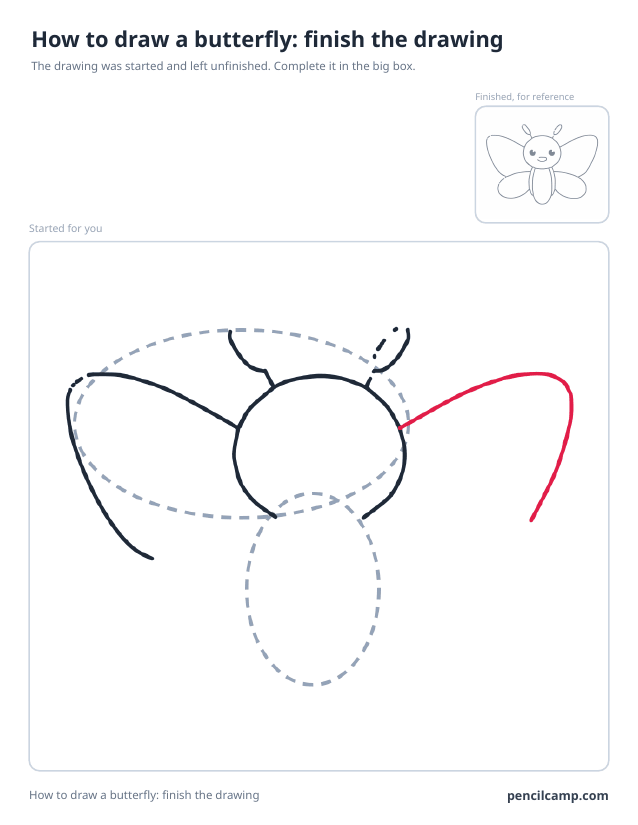 Finish the drawing worksheet: a butterfly stopped at stage 4 of 10 in a large box, the finished version small in the top right corner