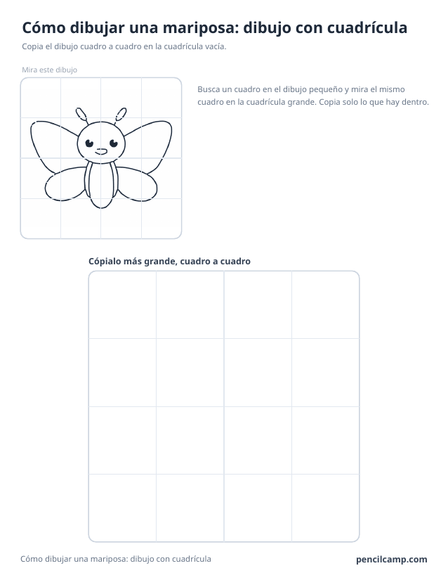 Ficha de cuadrícula: el dibujo de una mariposa bajo una cuadrícula de 4 por 4, en 14 de los 16 cuadros, y debajo una cuadrícula grande vacía