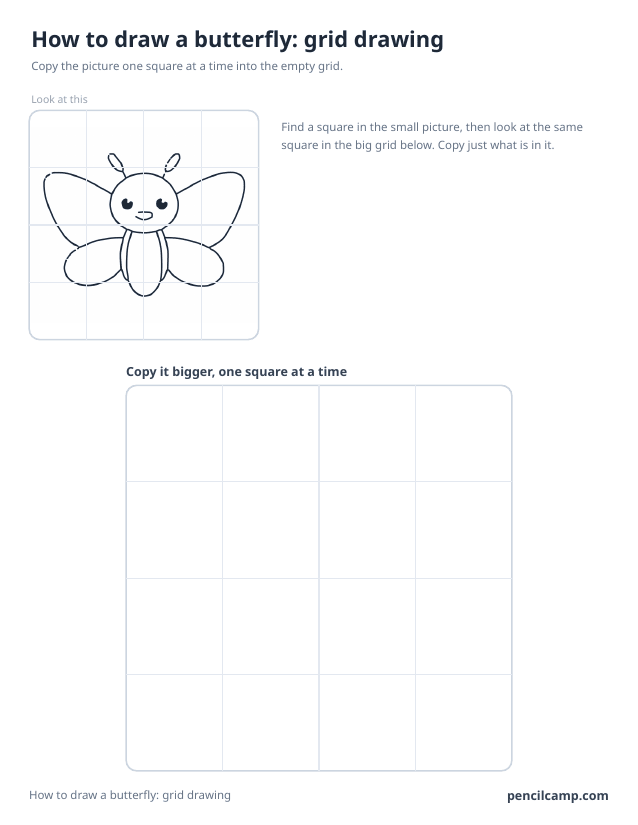 Grid drawing worksheet: a butterfly under a 4 by 4 grid, touching 14 of the 16 squares, above a larger empty grid