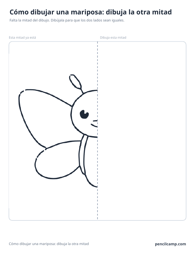 Ficha de simetría: la mitad izquierda del dibujo de una mariposa junto a una línea de espejo discontinua y la mitad derecha en blanco
