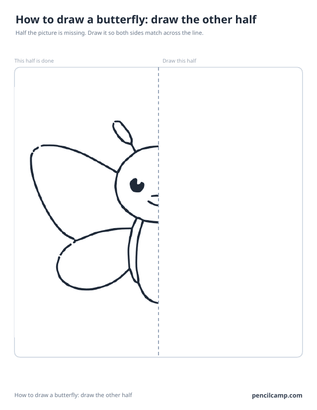 Symmetry worksheet: the left half of a butterfly beside a dashed mirror line, the right half left blank
