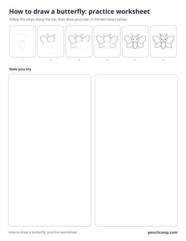 How to draw worksheet for a butterfly: six of its ten stages along the top, then two empty boxes to draw it in