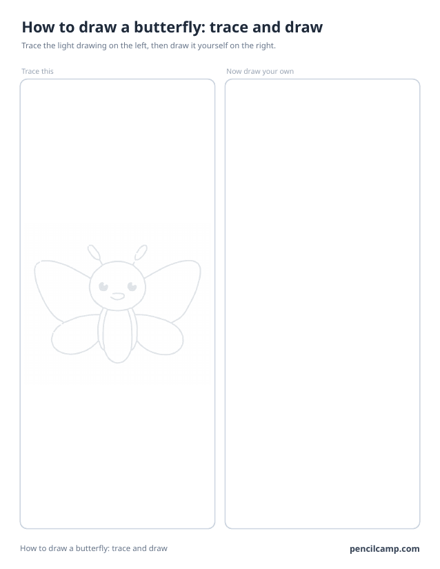 Trace and draw sheet: a butterfly printed in faint grey on the left, an empty box of the same size on the right