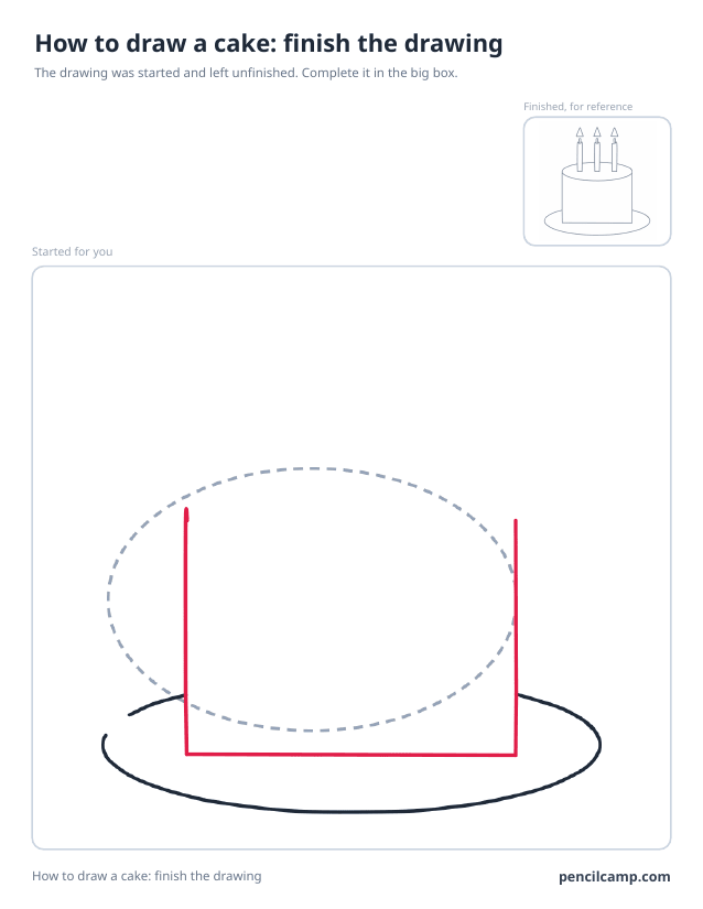 Finish the drawing worksheet: a birthday cake with three candles stopped at stage 3 of 8 in a large box, the finished version small in the top right corner