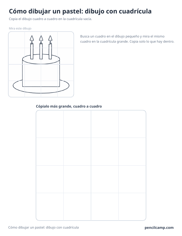 Ficha de cuadrícula: el dibujo de un pastel con tres velas bajo una cuadrícula de 4 por 4, en 12 de los 16 cuadros, y debajo una cuadrícula grande vacía