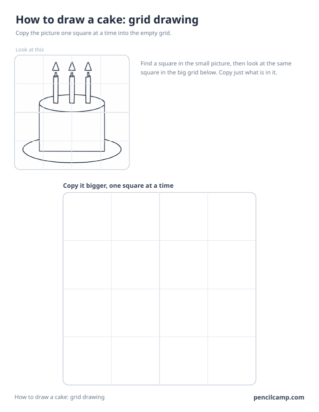 Grid drawing worksheet: a birthday cake with three candles under a 4 by 4 grid, touching 12 of the 16 squares, above a larger empty grid