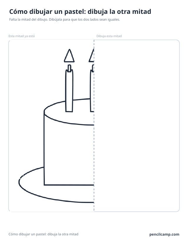 Ficha de simetría: la mitad izquierda del dibujo de un pastel con tres velas junto a una línea de espejo discontinua y la mitad derecha en blanco