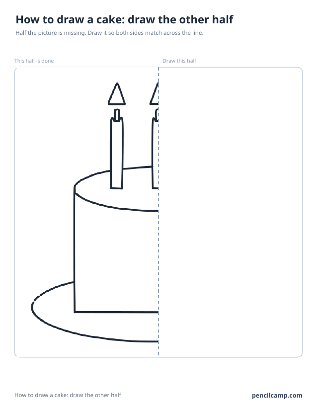 Symmetry worksheet: the left half of a birthday cake with three candles beside a dashed mirror line, the right half left blank