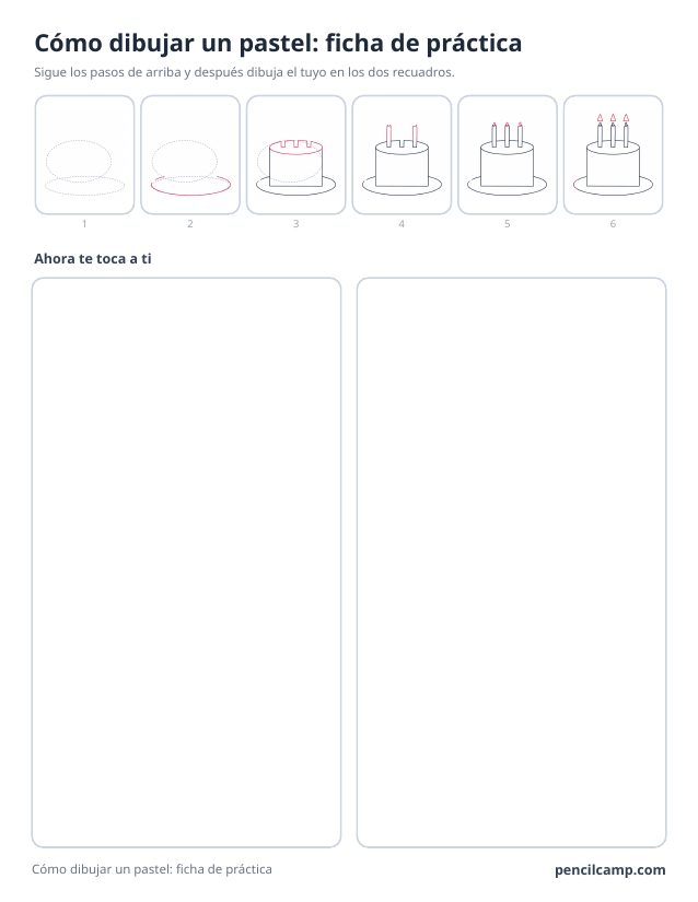 Ficha de pasos de un pastel con tres velas: seis de sus ocho fases en la parte de arriba y dos recuadros vacíos para practicar