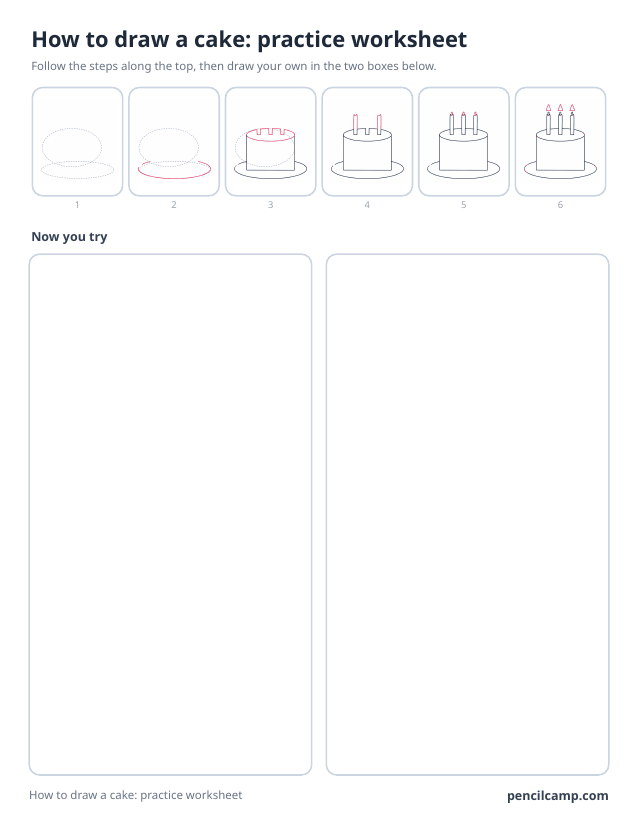 How to draw worksheet for a birthday cake with three candles: six of its eight stages along the top, then two empty boxes to draw it in