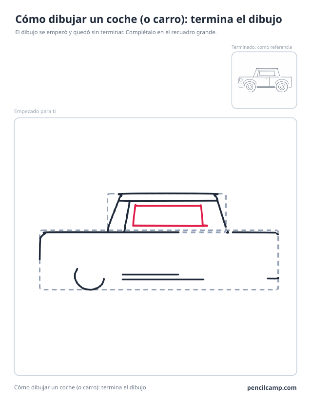 Ficha para terminar el dibujo: el dibujo de un coche visto de lado parado en la fase 4 de 10 en un recuadro grande, con la versión terminada en pequeño arriba a la derecha