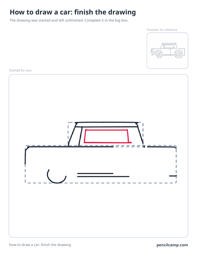 Finish the drawing worksheet: a car seen from the side stopped at stage 4 of 10 in a large box, the finished version small in the top right corner