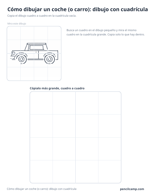 Ficha de cuadrícula: el dibujo de un coche visto de lado bajo una cuadrícula de 4 por 4, en 8 de los 16 cuadros, y debajo una cuadrícula grande vacía