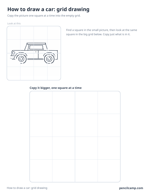 Grid drawing worksheet: a car seen from the side under a 4 by 4 grid, touching 8 of the 16 squares, above a larger empty grid