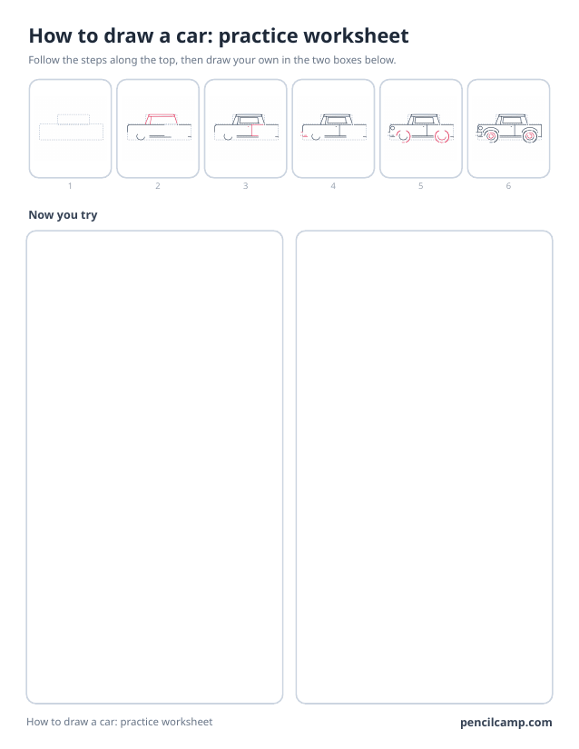 How to draw worksheet for a car seen from the side: six of its ten stages along the top, then two empty boxes to draw it in