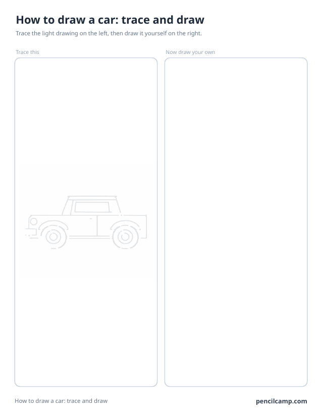 Trace and draw sheet: a car seen from the side printed in faint grey on the left, an empty box of the same size on the right
