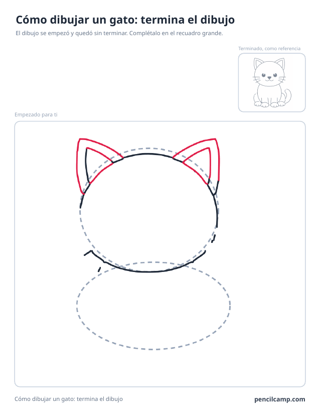 Ficha para terminar el dibujo: el dibujo de un gatito sentado parado en la fase 3 de 8 en un recuadro grande, con la versión terminada en pequeño arriba a la derecha